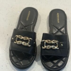 AEROSOLES Black Sandals with Gold Accent